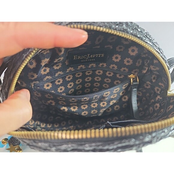 Eric Javits Canteen Style Black Woven Shoulder Bag w/Feather Details 9" Across - Picture 14 of 14